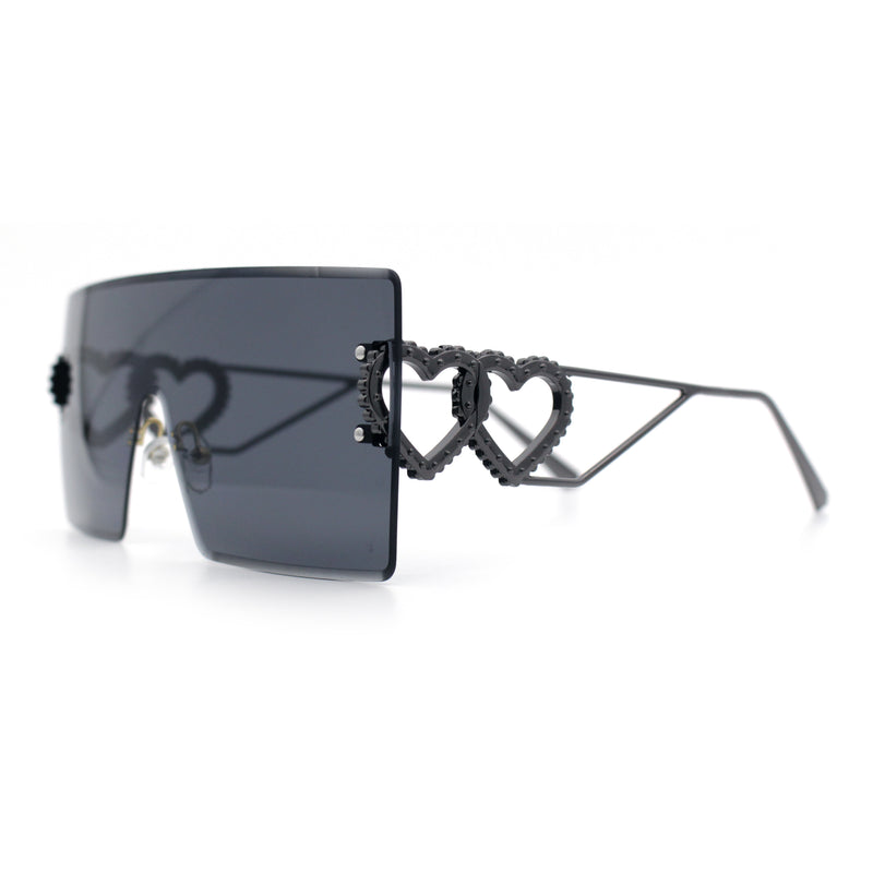 Womens Oversized Rimless Shield Luxury Heart Bling Jewel Hinge Sunglasses