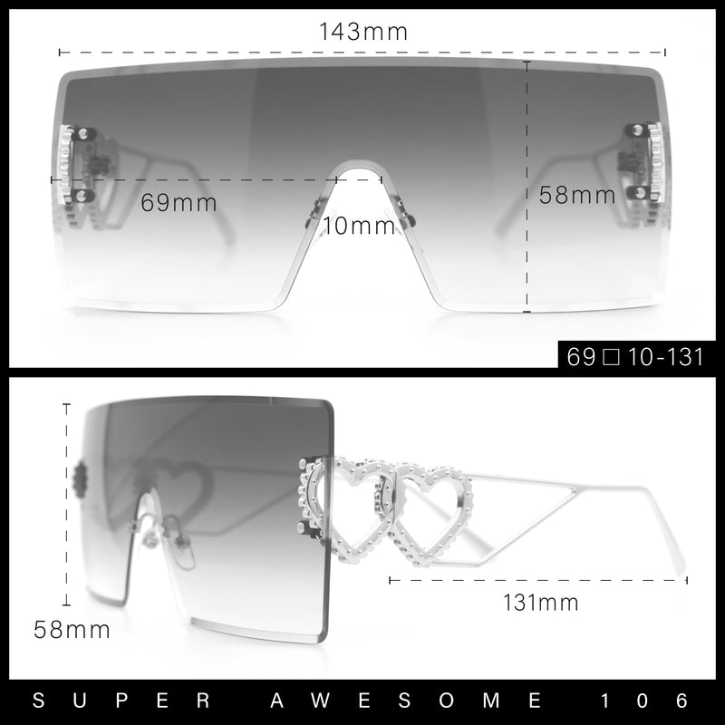 Womens Oversized Rimless Shield Luxury Heart Bling Jewel Hinge Sunglasses