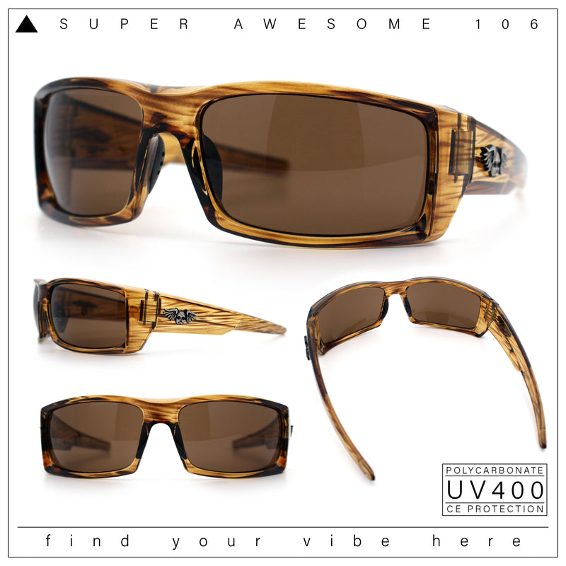 Classic Winged Skull 90s Wrap Around Sport Biker Plastic Rectangular Sunglasses