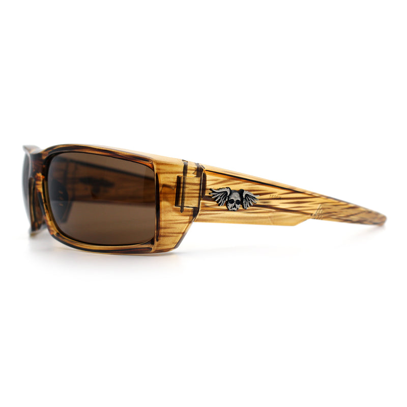 Classic Winged Skull 90s Wrap Around Sport Biker Plastic Rectangular Sunglasses