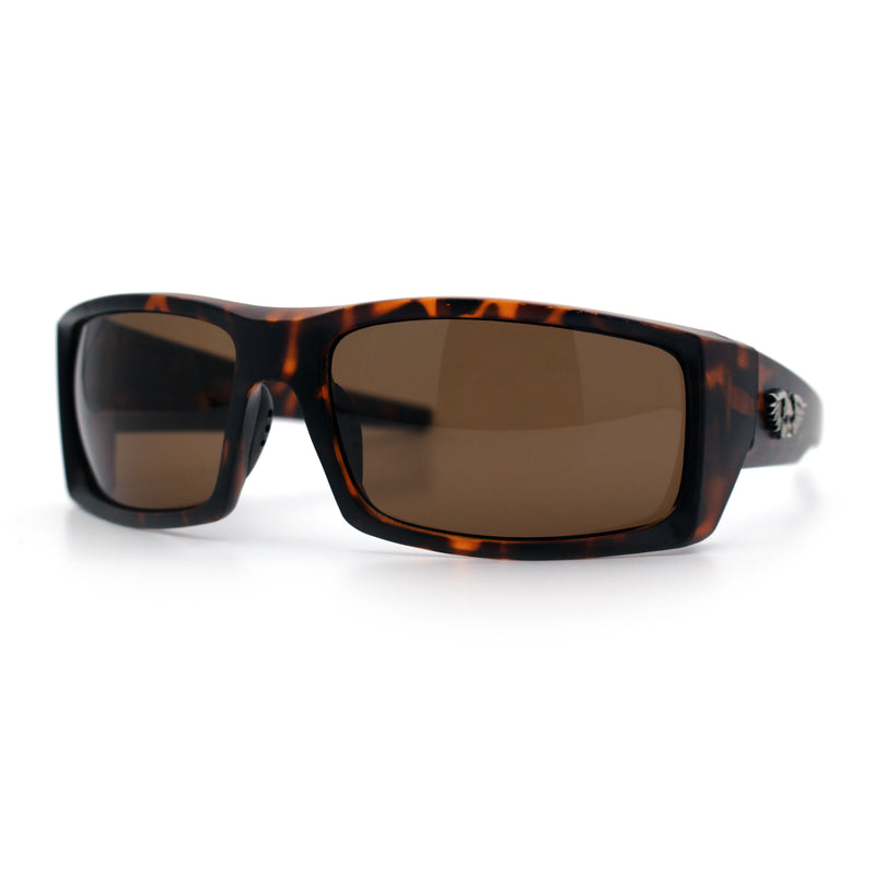 Classic Winged Skull 90s Wrap Around Sport Biker Plastic Rectangular Sunglasses
