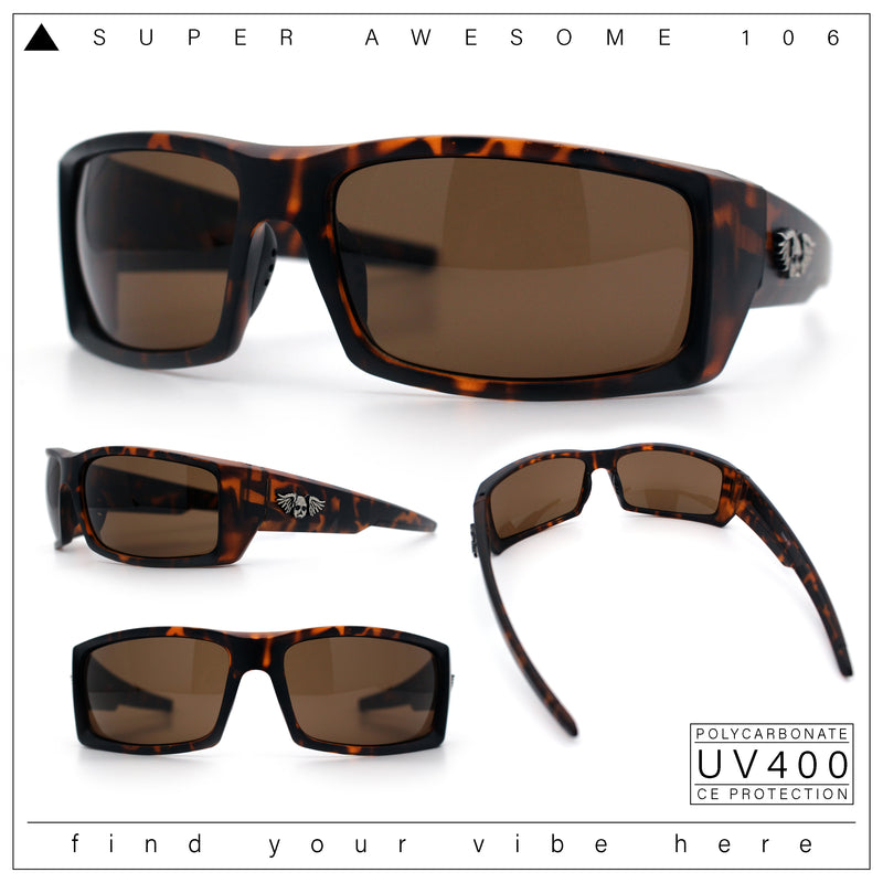 Classic Winged Skull 90s Wrap Around Sport Biker Plastic Rectangular Sunglasses