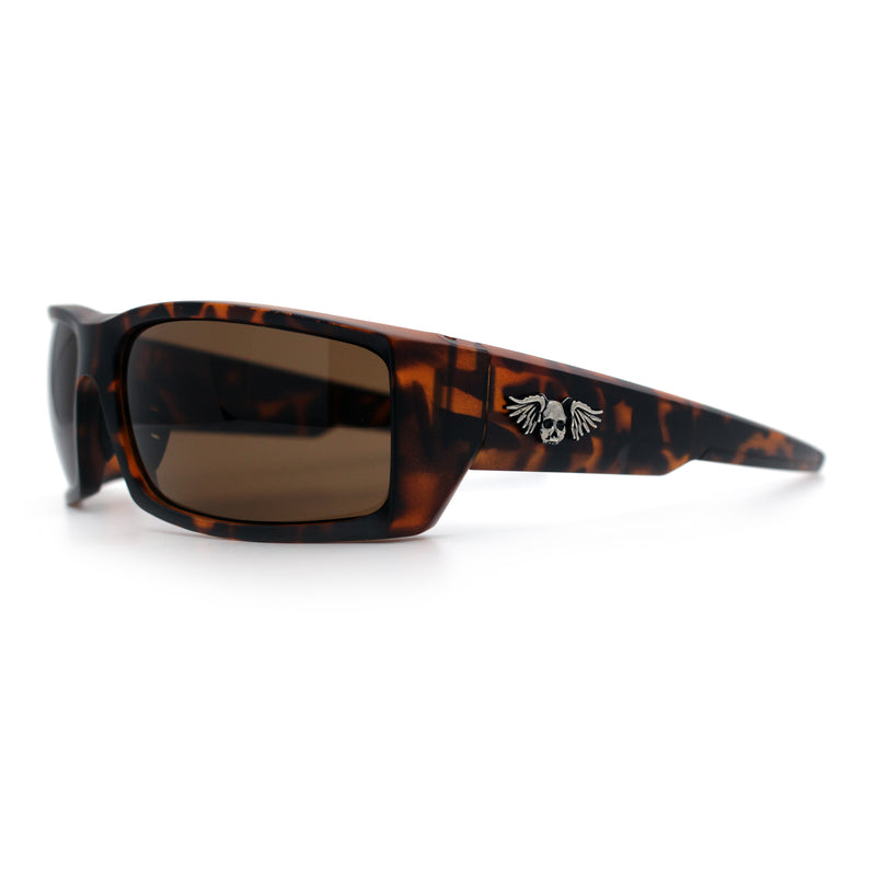 Classic Winged Skull 90s Wrap Around Sport Biker Plastic Rectangular Sunglasses