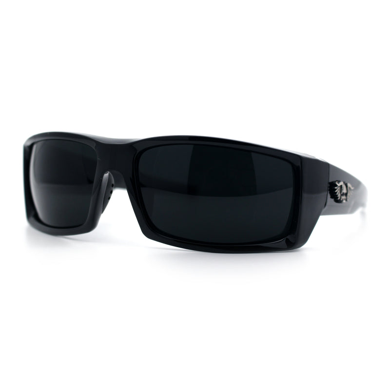 Classic Winged Skull 90s Wrap Around Sport Biker Plastic Rectangular Sunglasses