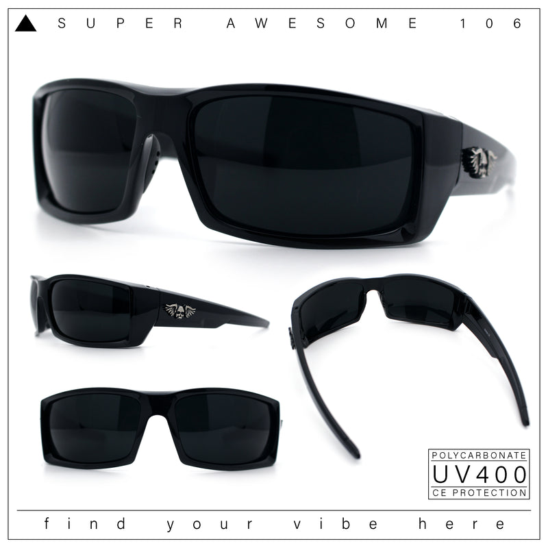 Classic Winged Skull 90s Wrap Around Sport Biker Plastic Rectangular Sunglasses