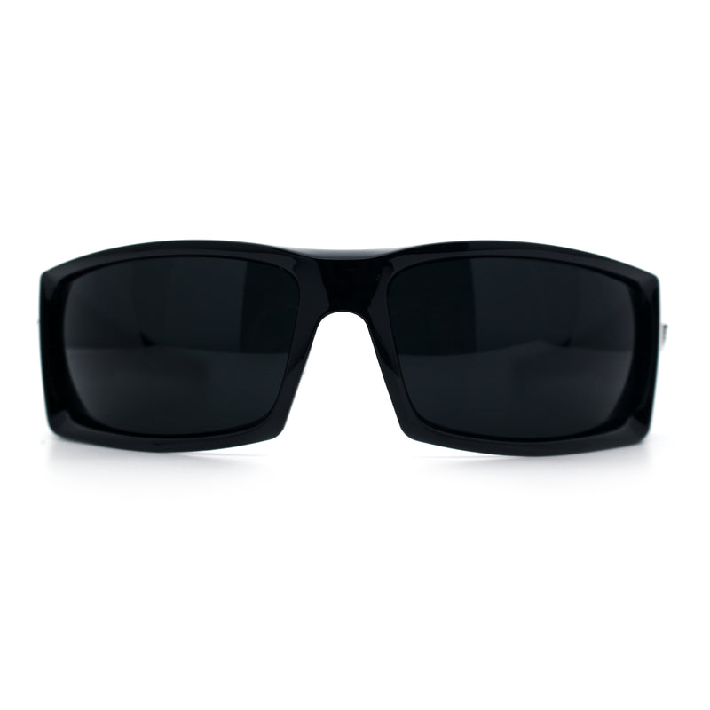 Classic Winged Skull 90s Wrap Around Sport Biker Plastic Rectangular Sunglasses