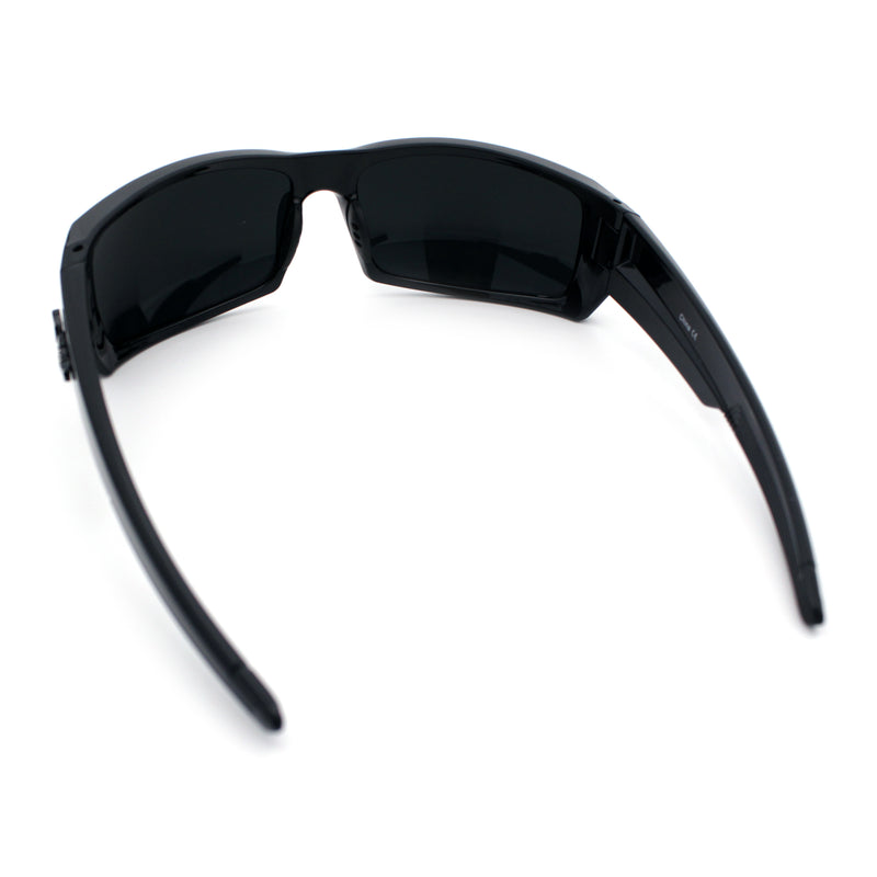 Classic Winged Skull 90s Wrap Around Sport Biker Plastic Rectangular Sunglasses