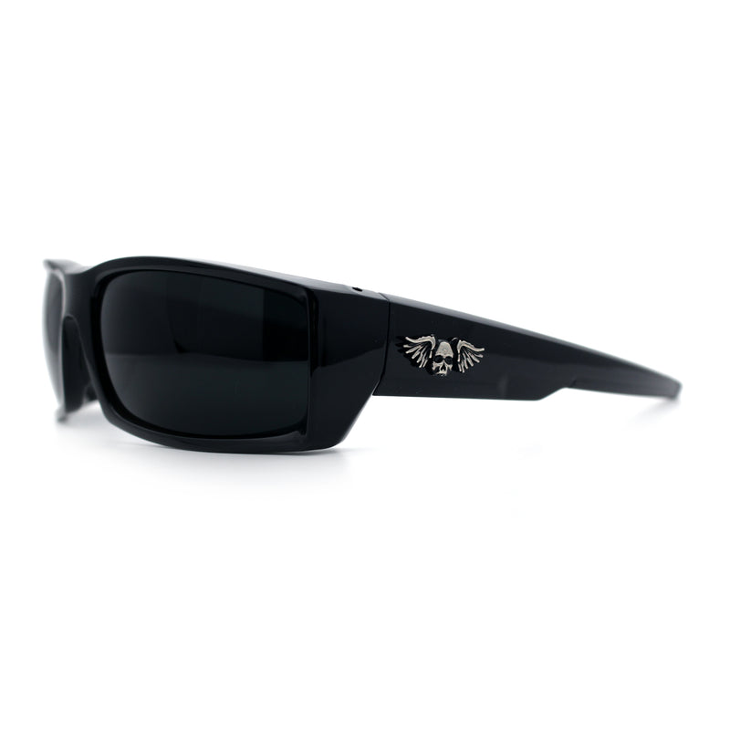 Classic Winged Skull 90s Wrap Around Sport Biker Plastic Rectangular Sunglasses