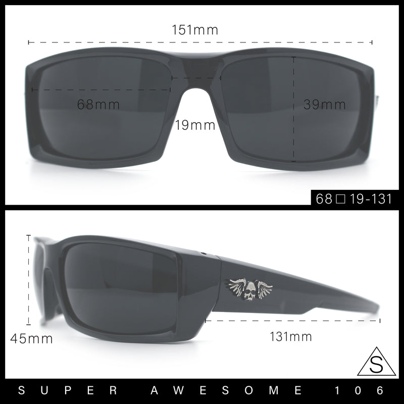 Classic Winged Skull 90s Wrap Around Sport Biker Plastic Rectangular Sunglasses