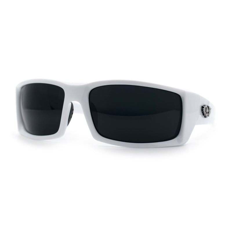 Classic Winged Skull 90s Wrap Around Sport Biker Plastic Rectangular Sunglasses