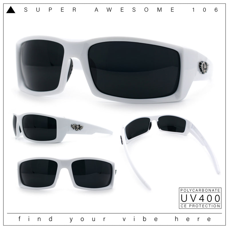 Classic Winged Skull 90s Wrap Around Sport Biker Plastic Rectangular Sunglasses