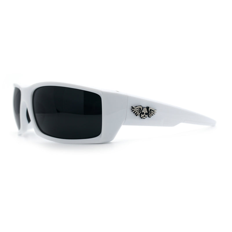 Classic Winged Skull 90s Wrap Around Sport Biker Plastic Rectangular Sunglasses