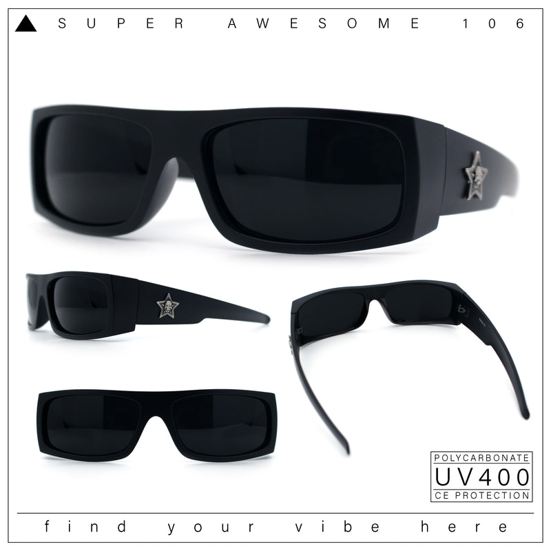 Mens Star Skull Logo 90s Rectangular Wrap Around Biker Plastic Sunglasses