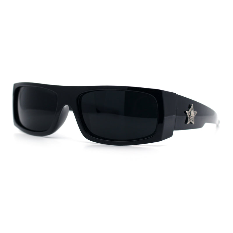 Mens Star Skull Logo 90s Rectangular Wrap Around Biker Plastic Sunglasses