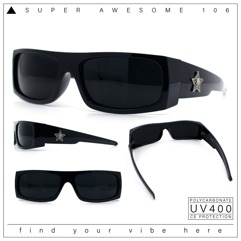 Mens Star Skull Logo 90s Rectangular Wrap Around Biker Plastic Sunglasses