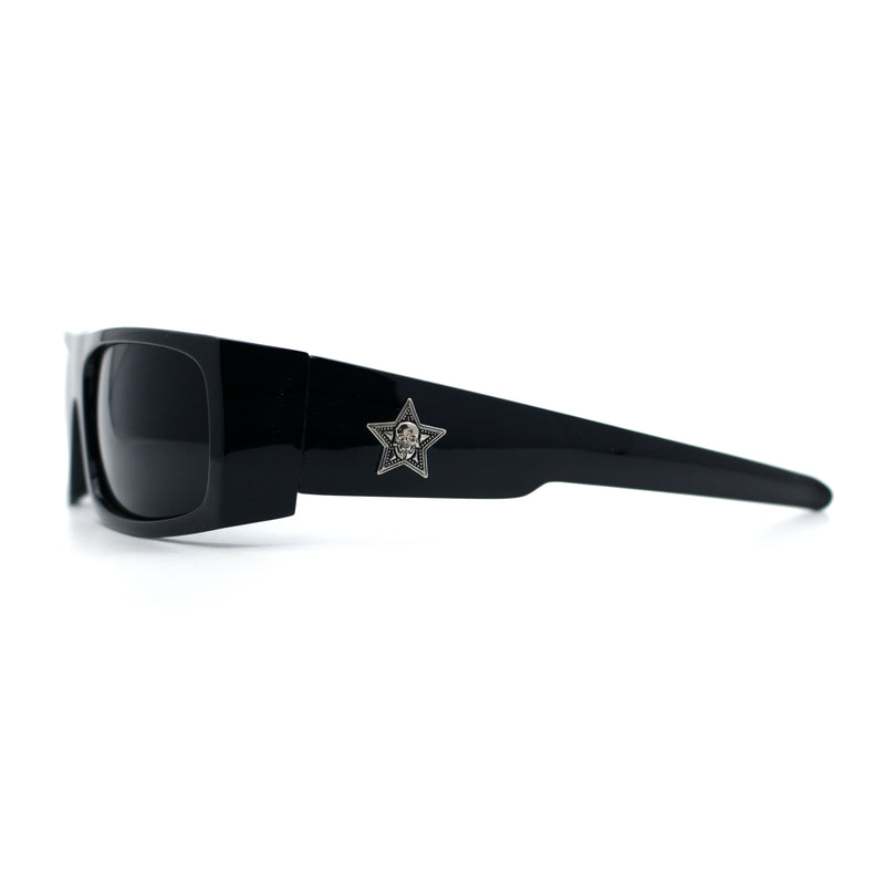 Mens Star Skull Logo 90s Rectangular Wrap Around Biker Plastic Sunglasses
