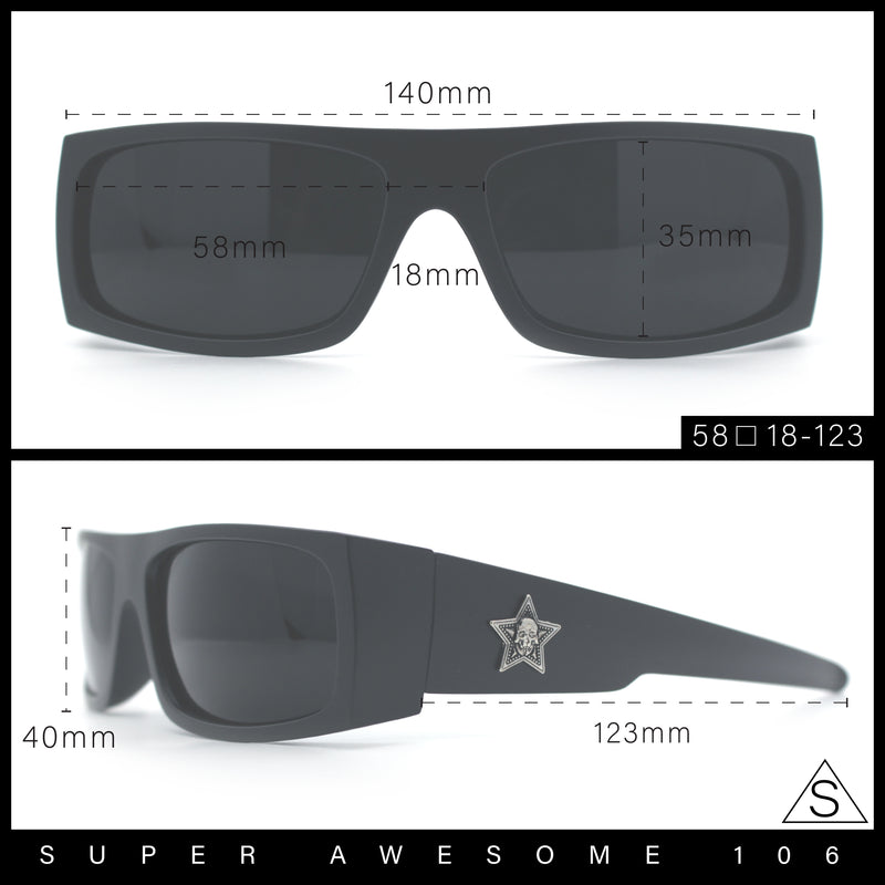 Mens Star Skull Logo 90s Rectangular Wrap Around Biker Plastic Sunglasses
