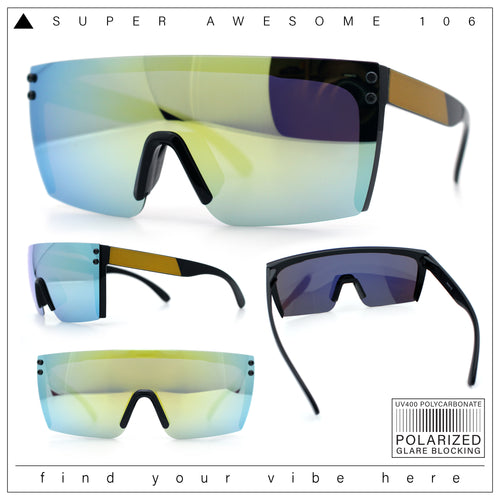 Polarized Rimless Oversized Shield Flat Top High Temple Plastic Sport Sunglasses