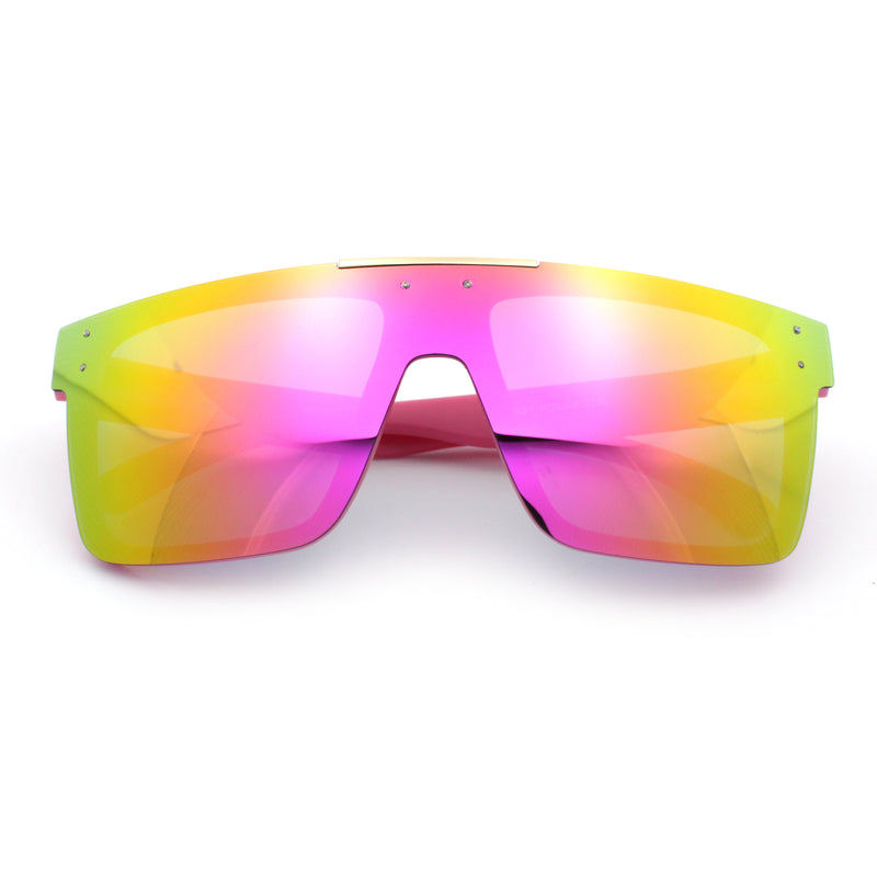 Polarized Rimless Skeleton Arm Shield Horn Rim Flat Top Plastic Sunglasses