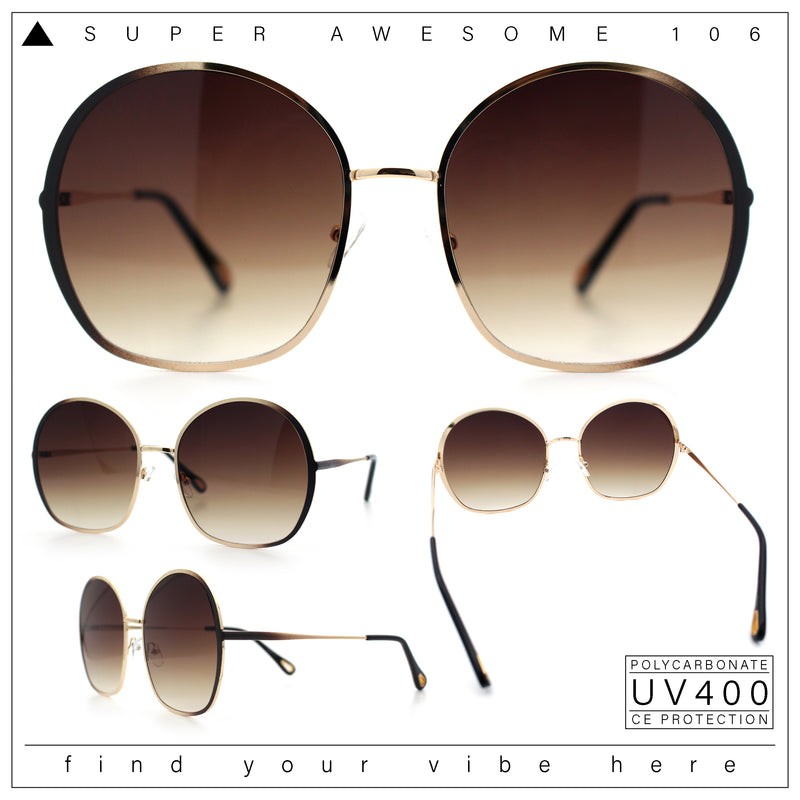 Womens Oversized Round Metal Rim Fashion Luxury Sunglasses