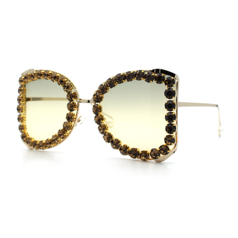 Womens Large Rhinestone Show Light Rim Trim Metal Rim Butterfly Sunglasses