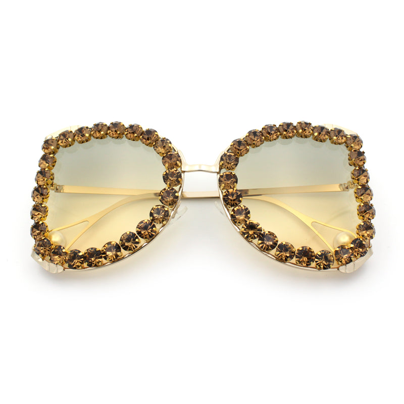 Womens Large Rhinestone Show Light Rim Trim Metal Rim Butterfly Sunglasses