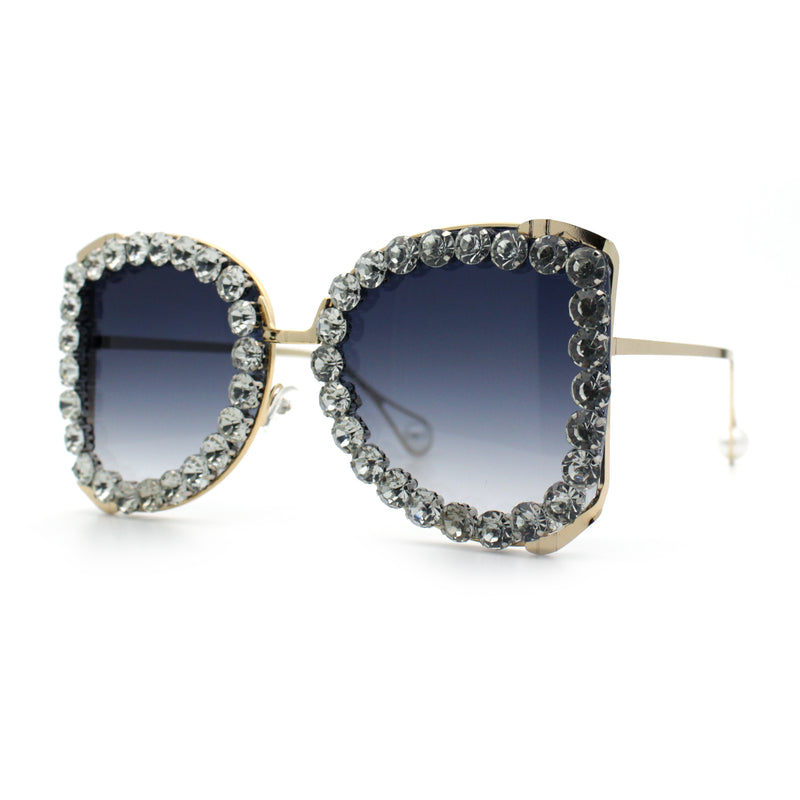 Womens Large Rhinestone Show Light Rim Trim Metal Rim Butterfly Sunglasses