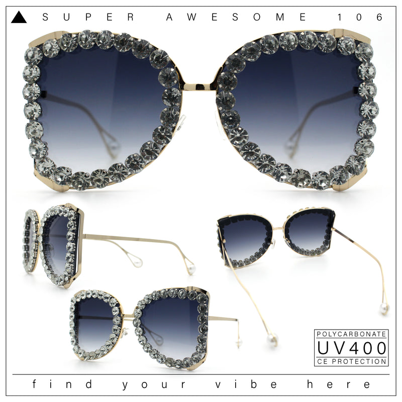Womens Large Rhinestone Show Light Rim Trim Metal Rim Butterfly Sunglasses