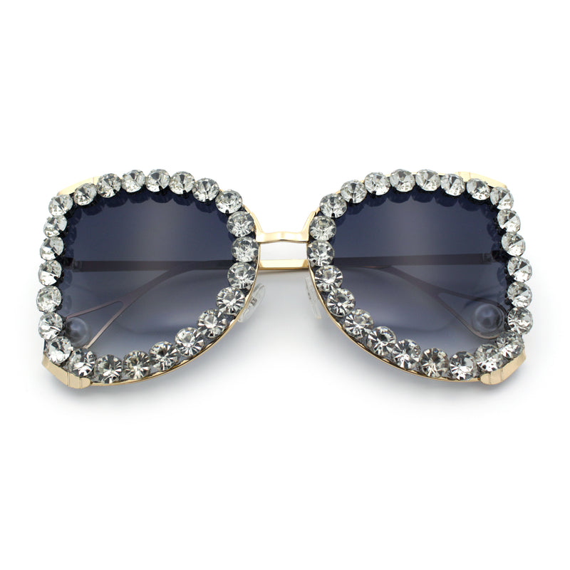 Womens Large Rhinestone Show Light Rim Trim Metal Rim Butterfly Sunglasses