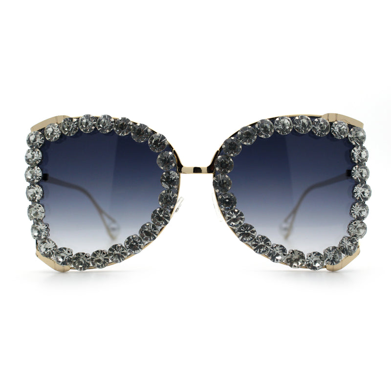 Womens Large Rhinestone Show Light Rim Trim Metal Rim Butterfly Sunglasses