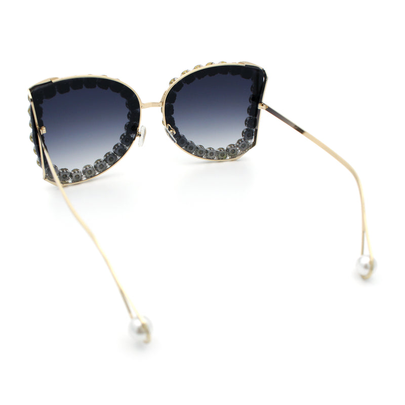 Womens Large Rhinestone Show Light Rim Trim Metal Rim Butterfly Sunglasses