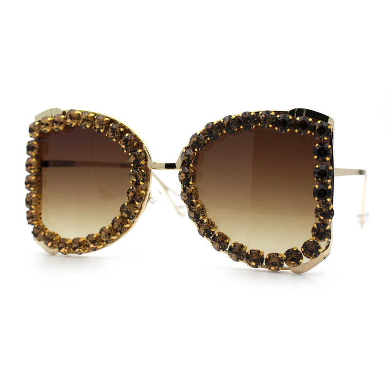 Womens Large Rhinestone Show Light Rim Trim Metal Rim Butterfly Sunglasses