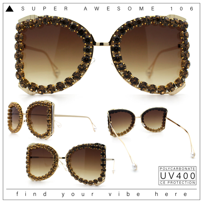 Womens Large Rhinestone Show Light Rim Trim Metal Rim Butterfly Sunglasses