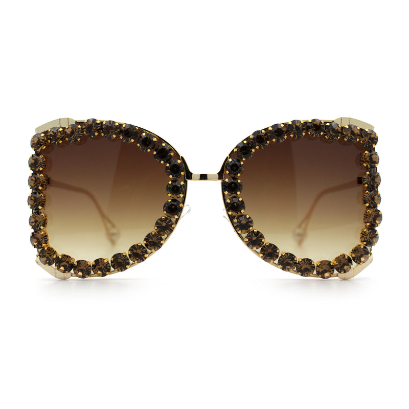 Womens Large Rhinestone Show Light Rim Trim Metal Rim Butterfly Sunglasses