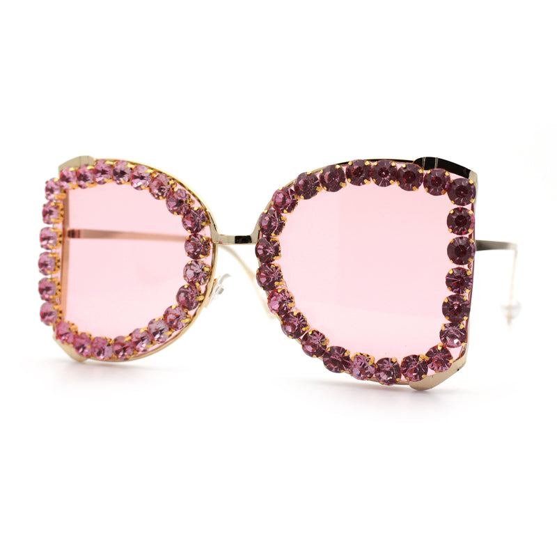 Womens Large Rhinestone Show Light Rim Trim Metal Rim Butterfly Sunglasses