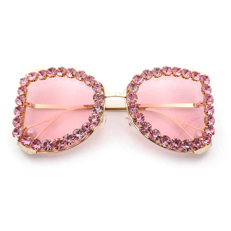 Womens Large Rhinestone Show Light Rim Trim Metal Rim Butterfly Sunglasses