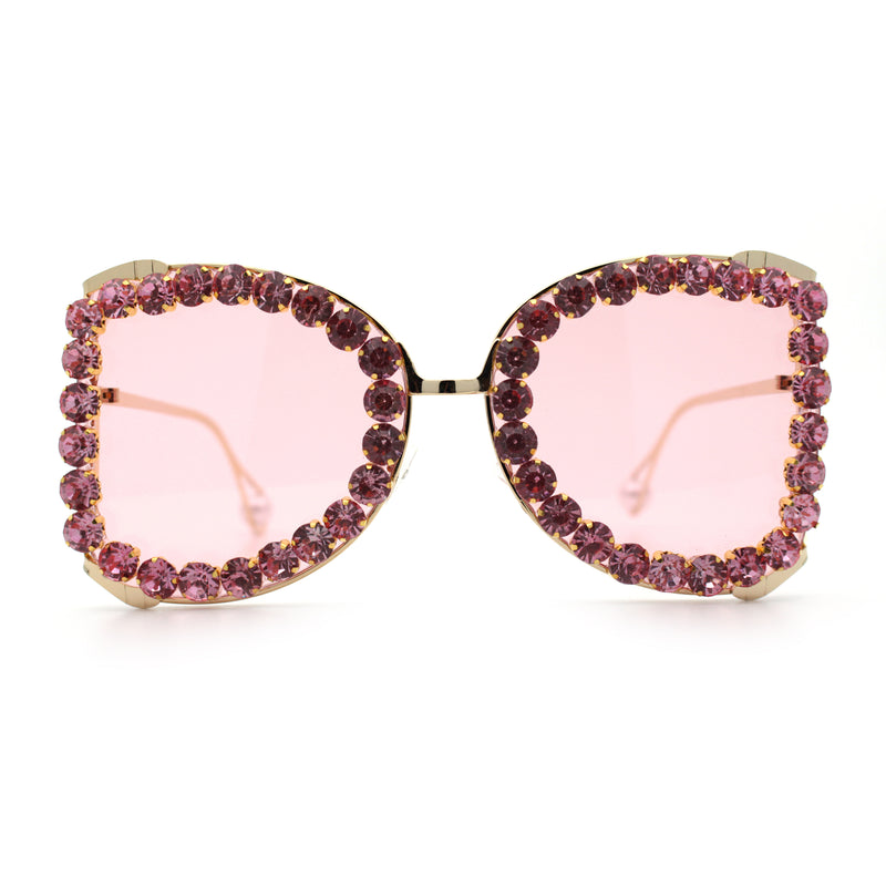 Womens Large Rhinestone Show Light Rim Trim Metal Rim Butterfly Sunglasses
