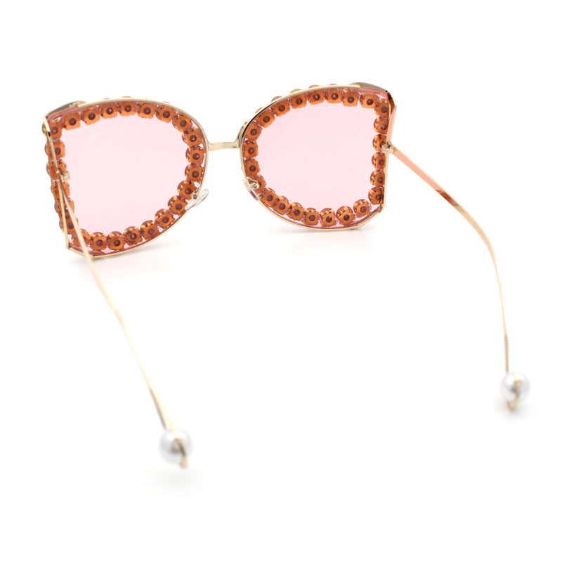 Womens Large Rhinestone Show Light Rim Trim Metal Rim Butterfly Sunglasses