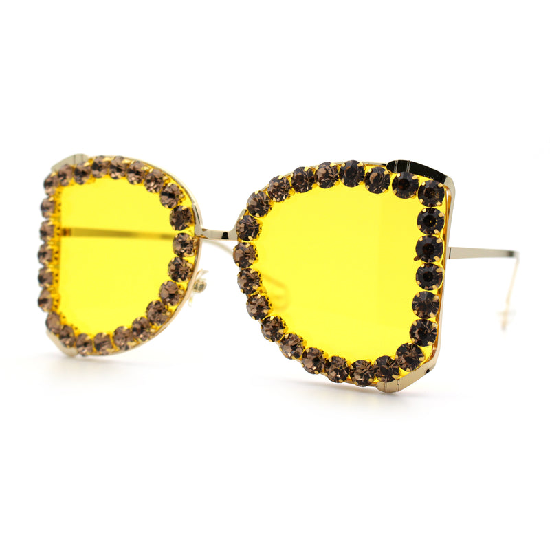 Womens Large Rhinestone Show Light Rim Trim Metal Rim Butterfly Sunglasses