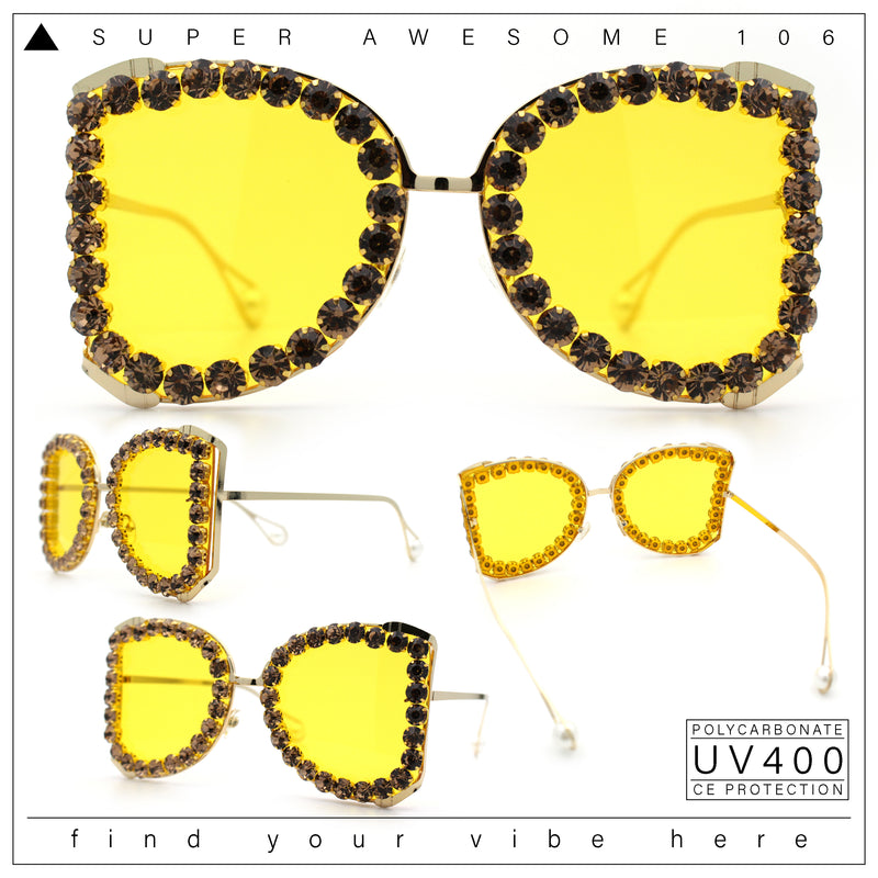 Womens Large Rhinestone Show Light Rim Trim Metal Rim Butterfly Sunglasses