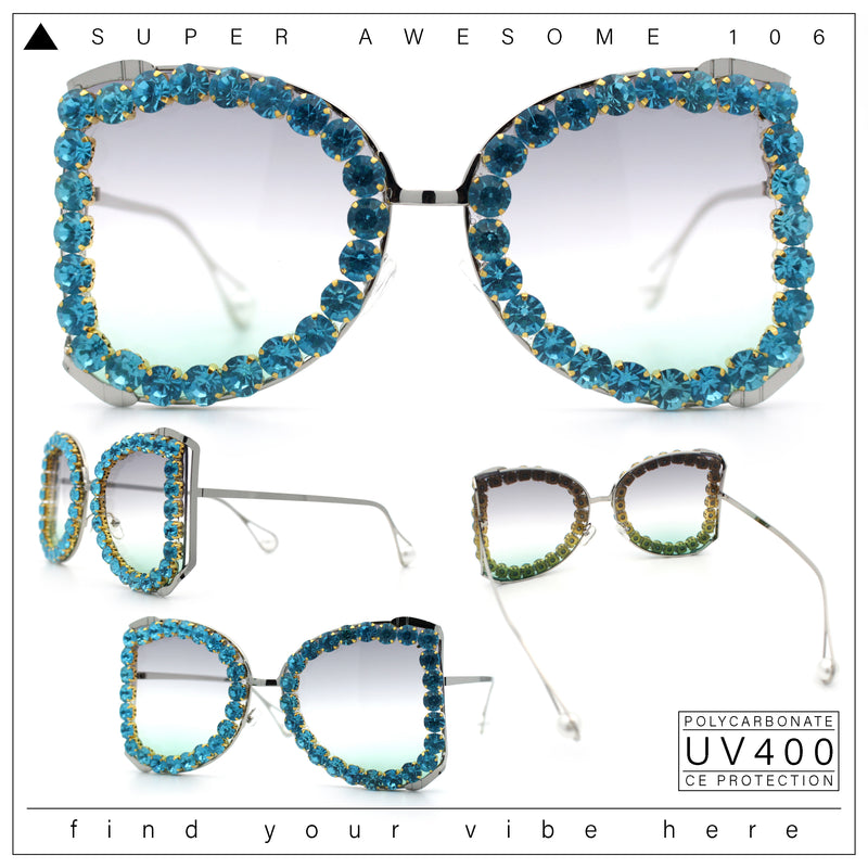 Womens Large Rhinestone Show Light Rim Trim Metal Rim Butterfly Sunglasses