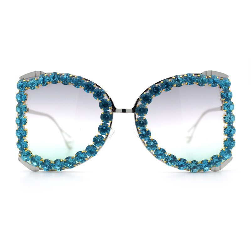 Womens Large Rhinestone Show Light Rim Trim Metal Rim Butterfly Sunglasses