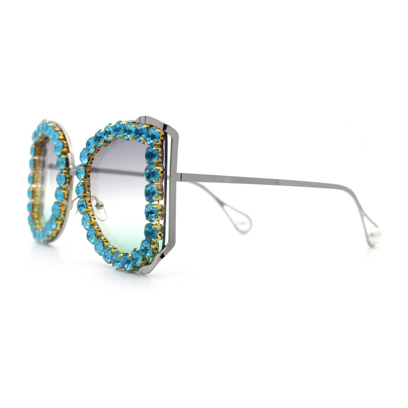 Womens Large Rhinestone Show Light Rim Trim Metal Rim Butterfly Sunglasses