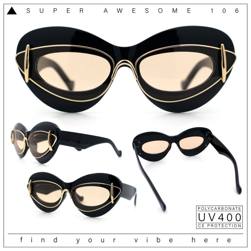 Womens Thick Plastic Cat Eye Double Metal Rim Mod Retro Fashion Sunglasses