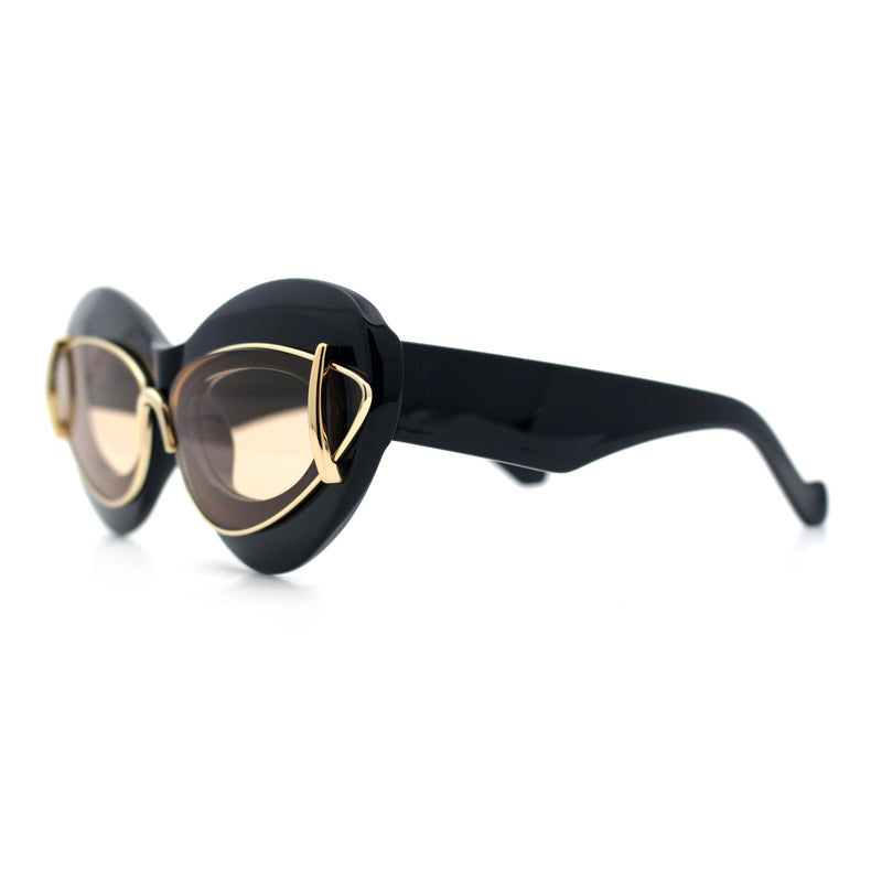 Womens Thick Plastic Cat Eye Double Metal Rim Mod Retro Fashion Sunglasses