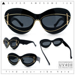 Womens Thick Plastic Cat Eye Double Metal Rim Mod Retro Fashion Sunglasses