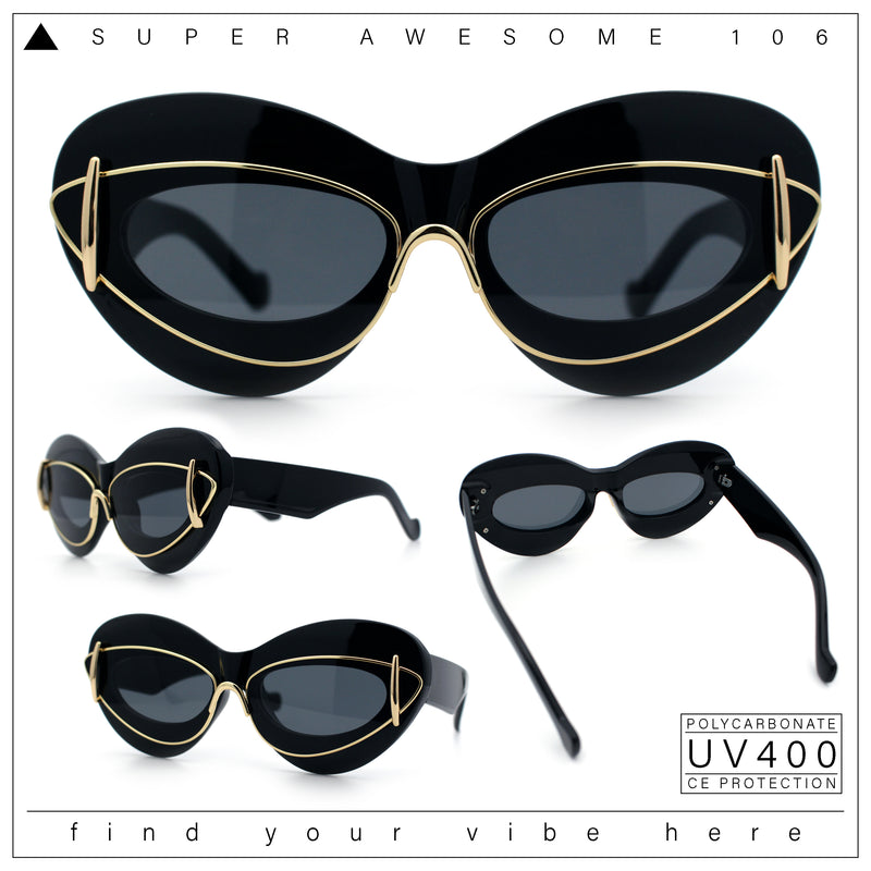Womens Thick Plastic Cat Eye Double Metal Rim Mod Retro Fashion Sunglasses