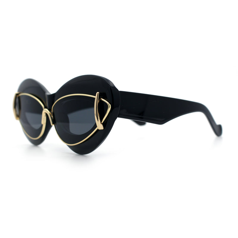 Womens Thick Plastic Cat Eye Double Metal Rim Mod Retro Fashion Sunglasses
