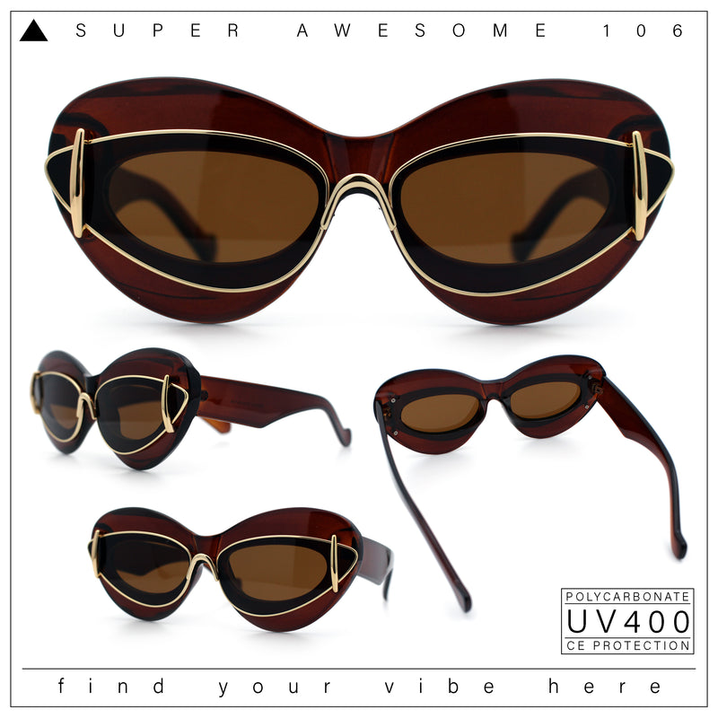 Womens Thick Plastic Cat Eye Double Metal Rim Mod Retro Fashion Sunglasses