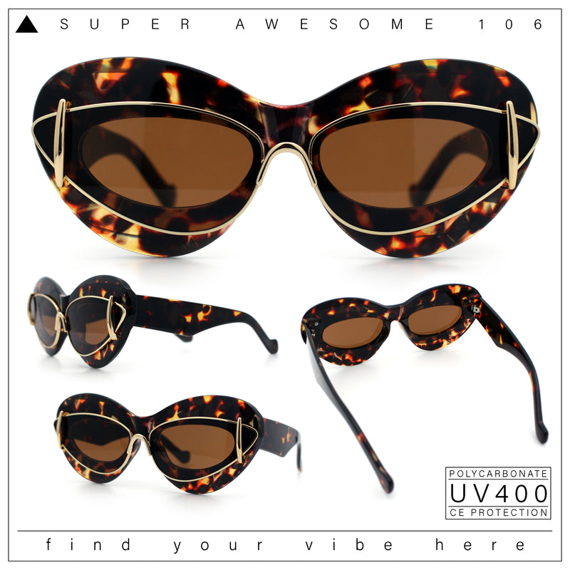 Womens Thick Plastic Cat Eye Double Metal Rim Mod Retro Fashion Sunglasses